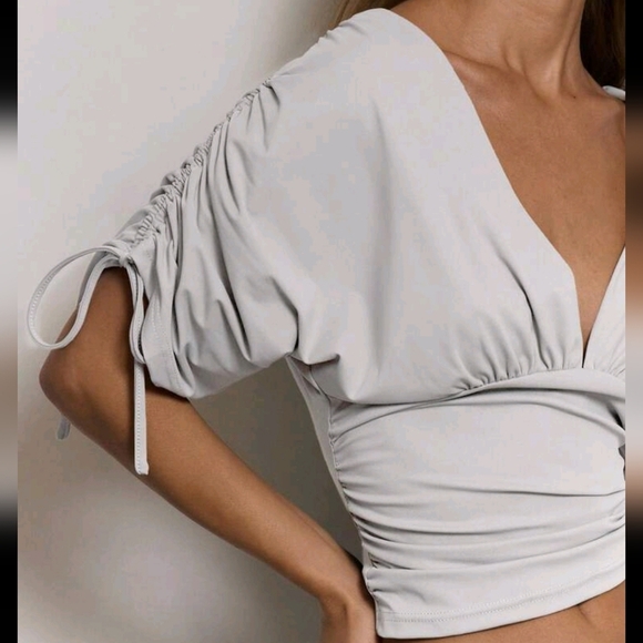 V Neck Ruched Tie Sleeve Top Western Country Fall Autumn Streetwear Festival - Picture 2 of 4